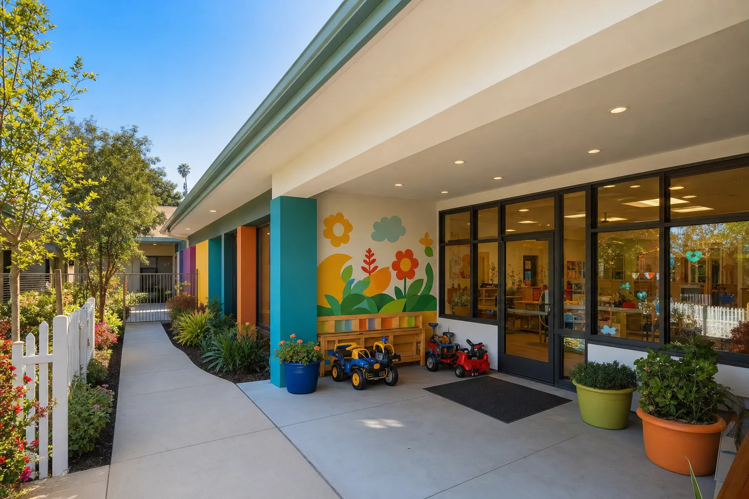 Colorful daycare building exterior with a welcoming entrance