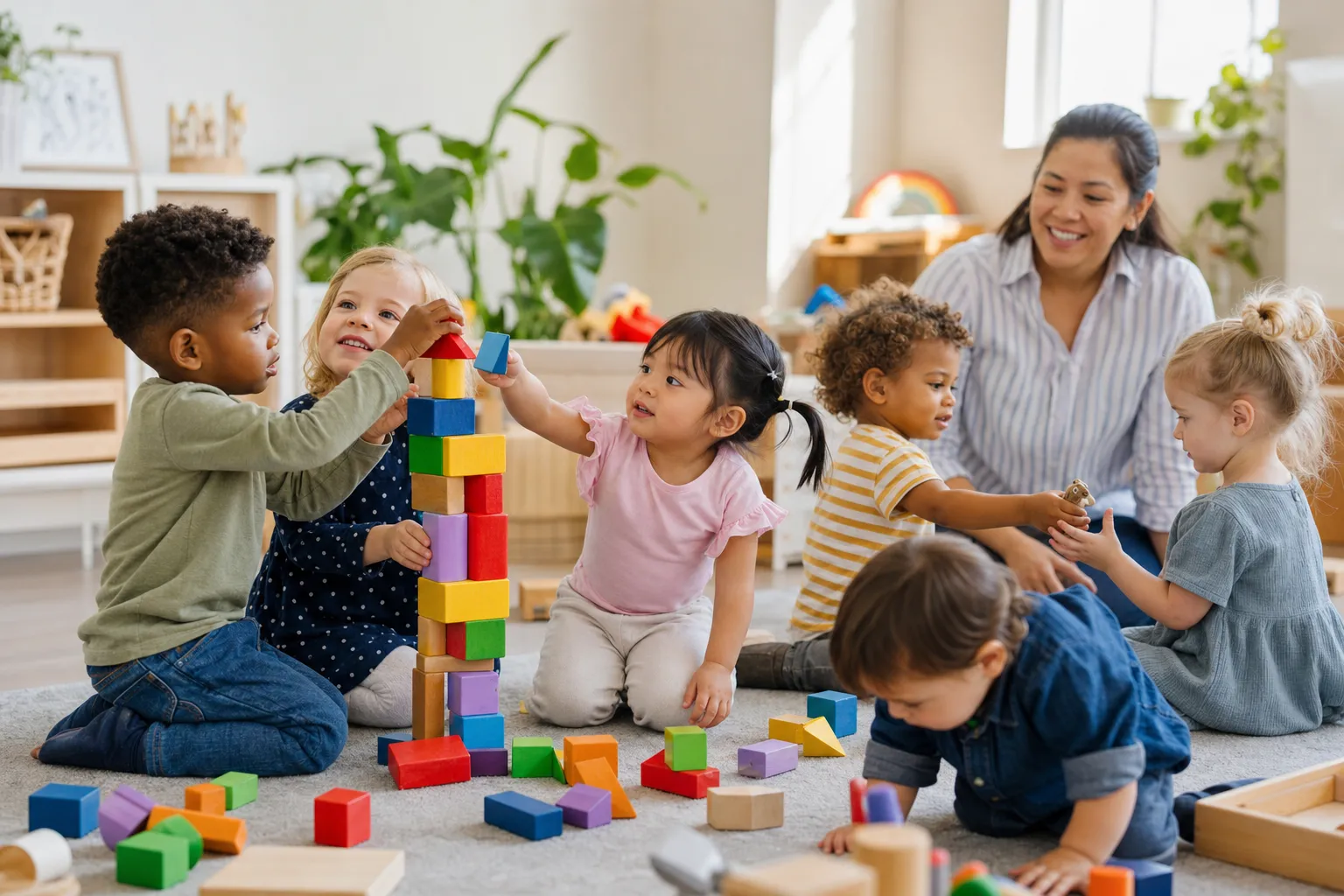 Group of smiling children and caregivers at Children Planet Daycare