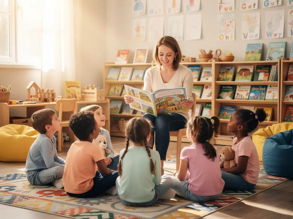 Children reading picture books together in a bright daycare classroom